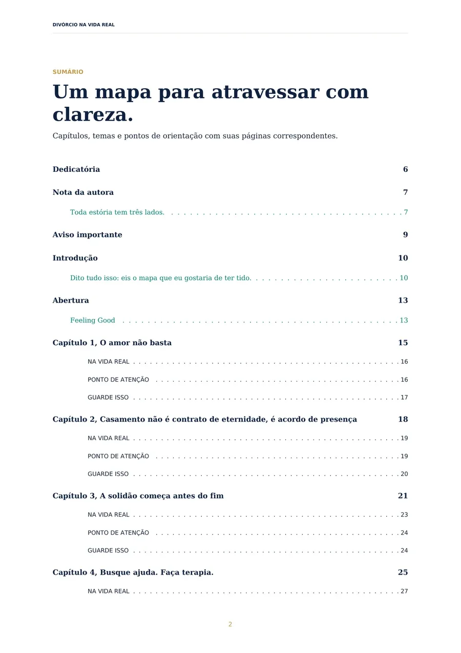 Página do sumário do livro Divórcio na Vida Real